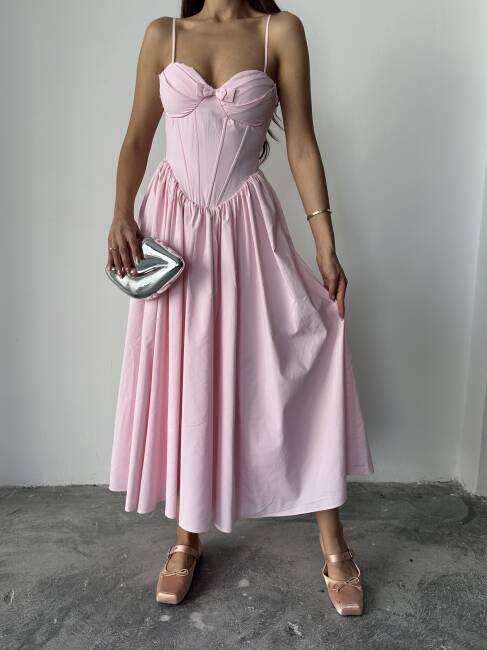 ROSESA KORSAJ DETAY MİDİ POPLİN PEMBE ELBİSE - 6