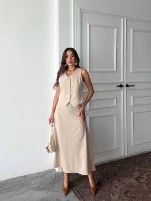 SABELLA MİDİ BOY A KESİM ETEK YELEK BEJ TAKIM - MAXMOOR