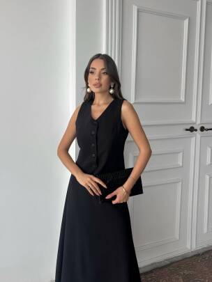 SABELLA MİDİ BOY A KESİM ETEK YELEK SİYAH TAKIM - MAXMOOR