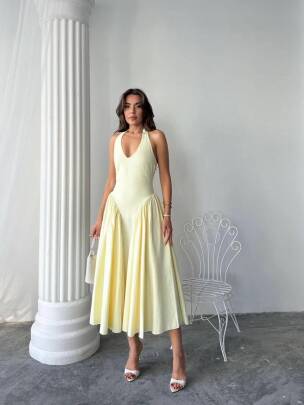 SEMYA Midi Elbise 1200 - Sarı - MAXMOOR