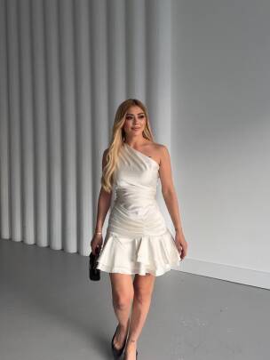 Tek Omuz Detaylı ELLİOT Mini Elbise 3034 - Beyaz - MAXMOOR