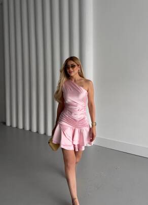 Tek Omuz Detaylı ELLİOT Mini Elbise 3034 - Pembe - MAXMOOR