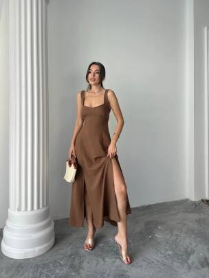 TULİP Midi Elbise - Kahverengi - MAXMOOR