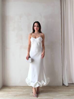 VARSEY MİDİ ATLAS KUMAŞ ETEĞİ FIRFIRLI BEYAZ ELBİSE - MAXMOOR