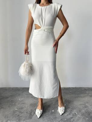 VİOLET DÜĞÜM DETAYLI MİDİ BEYAZ ELBİSE - MAXMOOR