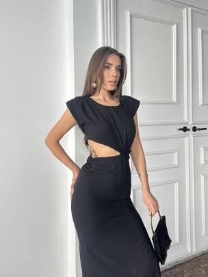 VİOLET DÜĞÜM DETAYLI MİDİ SİYAH ELBİSE - MAXMOOR