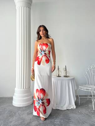 ZAYN Maxi Çiçek Desenli Elbise 3068 - Beyaz - MAXMOOR