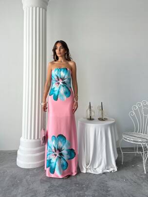 ZAYN Maxi Çiçek Desenli Elbise 3068 - Pembe - MAXMOOR