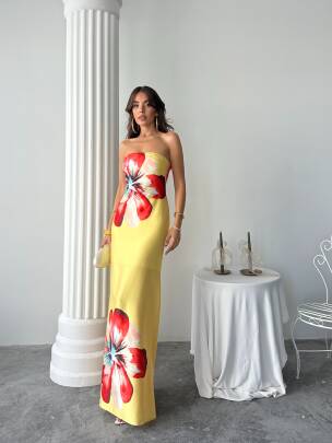 ZAYN Maxi Çiçek Desenli Elbise 3068 - Sarı - MAXMOOR